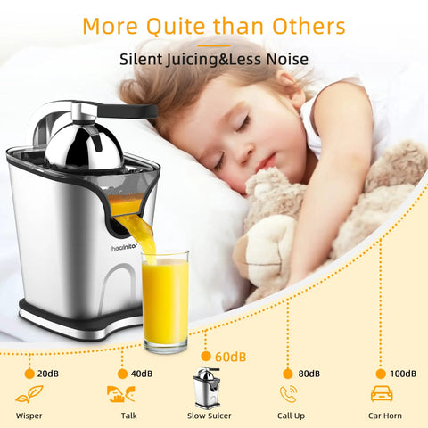 Healnitor 150W Electric Citrus Juicer with Two Cones pouring juice into a glass, showcasing quiet operation and stainless steel design.