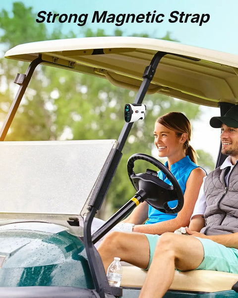 Golf Rangefinder With Slope 1200 Yard Distance, Magnetic Strap, attached to golf cart; two people seated outdoors.