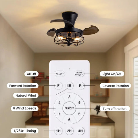 36 Inch Black Caged Retractable Blade Ceiling Fan With Lights And Remote Five Light Rustic Industrial Chandelier Style