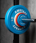 Close-up of blue fractional weight plates set for incremental gains on standard 2 inch Olympic bars, 10 lb pair, snug grip.