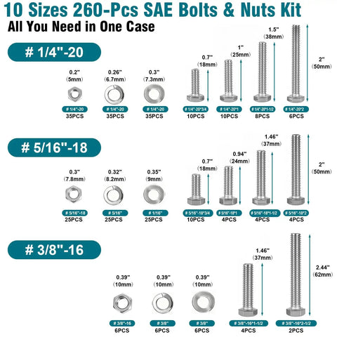 260 Piece SAE Bolts And Nuts Hardware Kit with hex bolts, nuts, washers in various sizes, stainless 304, rust-resistant, chart view
