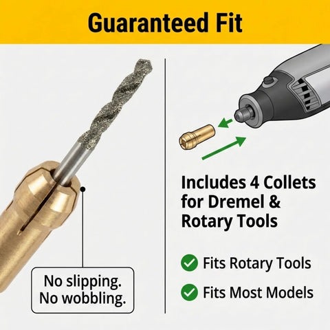 24 Piece Diamond Drill Bit Set With Collets For Glass Sea Glass Stone And Shells Jewelry Making Kit For Dremel And Rotary Tools Includes 4 Brass Collets No Guesswork For DIY Jewelry Makers showing collet and rotary tool compatibility.