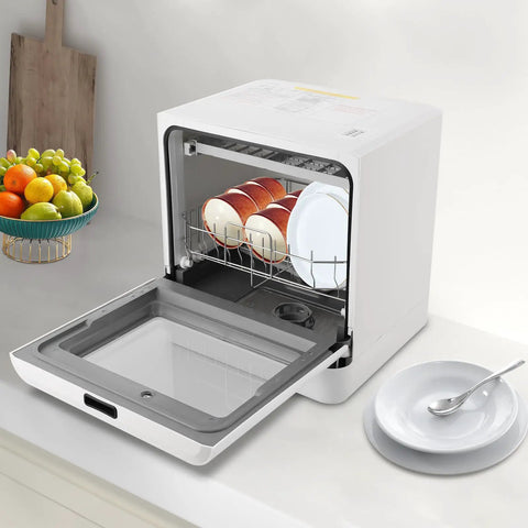 Countertop Dishwasher With Top Shelf Cleaning And Zero Hassle Install This Mini Portable Machine showing stacked bowls and plates inside.