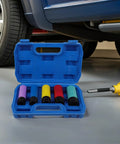 Kickstart Your Garage Game With This Slick 5Pc Non-Marring Wheel Protector Socket Set. These Thin Wall Sleeves Fit Like Gloves On Lug Nuts And Keep Your Rims Scratch-Free During Quick Tire Swaps Or Deep Hub Repairs. Grab This Must-Have Impact Wrench Kit. 5-piece non-marring socket sleeve set in blue case beside car wheel