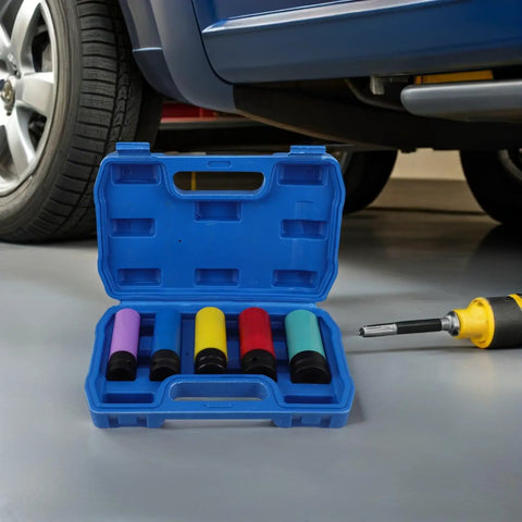 Kickstart Your Garage Game With This Slick 5Pc Non-Marring Wheel Protector Socket Set. These Thin Wall Sleeves Fit Like Gloves On Lug Nuts And Keep Your Rims Scratch-Free During Quick Tire Swaps Or Deep Hub Repairs. Grab This Must-Have Impact Wrench Kit. 5-piece non-marring socket sleeve set in blue case beside car wheel