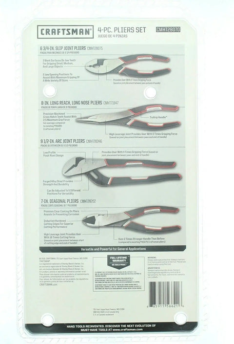 Packaging of 4 Piece Pliers Set With Tru Grip Handles And Induction Hardened Cutting Edges Low Profile Flush Rivet Design