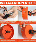 Storystore 6-inch hole saw kit with dust bowl; 4-step installation showing front, side, close-up, installed view.