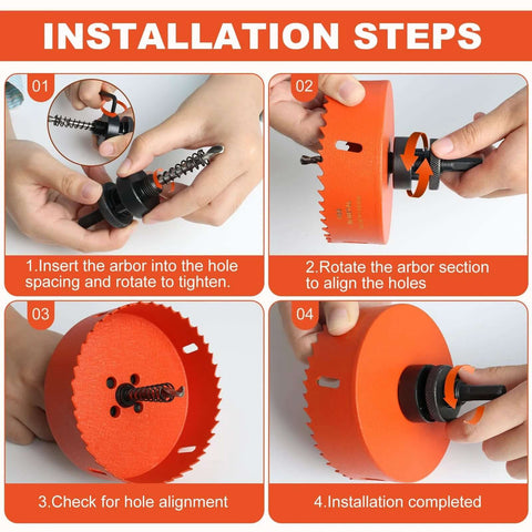 Storystore 6-inch hole saw kit with dust bowl; 4-step installation showing front, side, close-up, installed view.