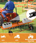 Person using 48 Inch Tow Behind Dethatcher With 24 Spring Steel Tines Lift Handle Tow Behind Rake for Riding Mower