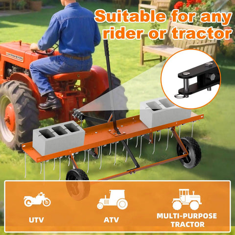 Person using 48 Inch Tow Behind Dethatcher With 24 Spring Steel Tines Lift Handle Tow Behind Rake for Riding Mower