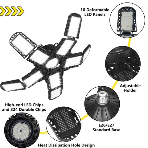 Beast Bright 300W LED Garage Light With 30,000 Lumens Of Daylight, 10 Plus 1 Adjustable Panels, 6500K, E26 And E27 Screw In Industrial Shop Light