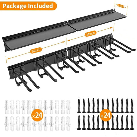 Beefy Heavy Duty Garage Storage System With Wall Mount Overhead Shelving 48 Inch By 7 Inch Steel Shelves And 6 Pack 12 Inch Double Hooks Supports Up To 1200 Lbs Total displayed with hardware package
