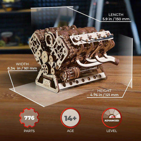 One Six Scale V8 Engine Wooden Model Kit For Adults With Moving Pistons Cam Shafts And Serpentine Belt 3D Mechanical Puzzle Hands On Diy Kit Functional Engine Replica With Electric Motor 776 Piece Count, front view with size labels