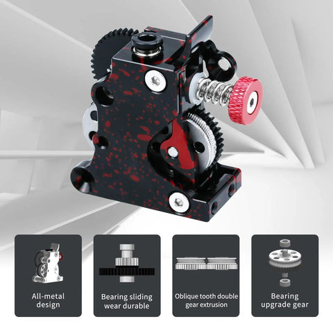Beefed Up Extruder Gear Kit With All Metal Drive Wheel Camouflage Aluminum Housing POM Reduction Gear Wear-Resistant CNC Machined Parts Upgrade for Ender 3 Pro V2 3D Printers showing side view with components and features.