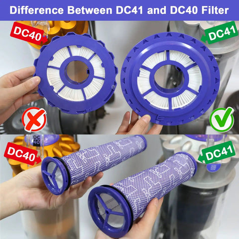 Comparison of DC41 and DC40 vacuum filters, showing Two Pack Post And Pre Filter Set For Dyson Ball Vacuum Models DC41 DC65 DC66 UP13.