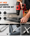 Person using 10 Piece Magnetic Nut Driver Set With 1/4 Inch Hex Shank Quick Change Adapter with electric drill on metal frame.