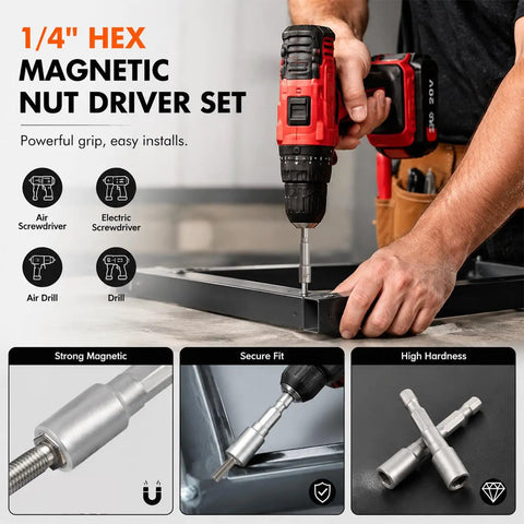 Person using 10 Piece Magnetic Nut Driver Set With 1/4 Inch Hex Shank Quick Change Adapter with electric drill on metal frame.