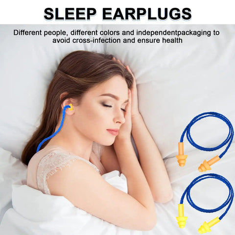 Woman sleeping with corded silicone earplugs, blue and yellow design, illustrating Corded Silicone Earplugs Bulk 200 Pairs Reusable Noise Cancelling