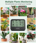 Digital LCD display of 4 In 1 Soil Moisture Meter with Wireless Sensor monitoring various indoor plants for garden use
