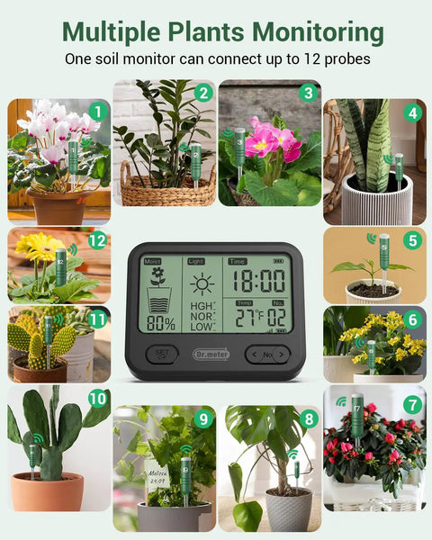 Digital LCD display of 4 In 1 Soil Moisture Meter with Wireless Sensor monitoring various indoor plants for garden use