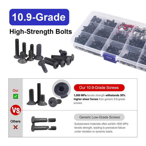 Ultimate 500Pcs RC Screw Kit Set For Traxxas Axial HPI Arrma Losi with high-strength bolts and clear storage box.