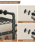 Close-up of wall mounted garment rack with four expandable rods and eight adjustable shelves, industrial pipe clothing rack components.