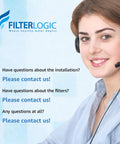 Customer service rep with headset beside text about contacting for questions on Four Pack Water Filters For ZeroWater Pitcher And Dispenser Knocks TDS To Zero And Cuts Chlorine NSF 372 Certified Independent Replacement Filters Easy Fit For Crisp Clean Tasting Water.