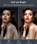 Comparison of woman's portrait before and after using Adjustable Desk Ring Light With Stand For Webcam And Video Calls, 30 Light Modes For Live Streaming And Meetings, Uniform Soft Illumination With High CRI 97.8, Ideal For Home Office And Content Creation.