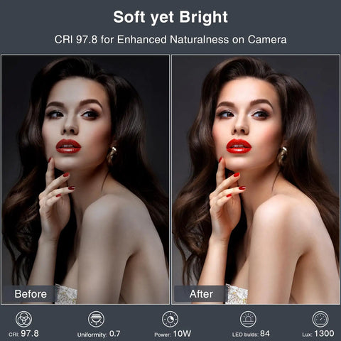 Comparison of woman's portrait before and after using Adjustable Desk Ring Light With Stand For Webcam And Video Calls, 30 Light Modes For Live Streaming And Meetings, Uniform Soft Illumination With High CRI 97.8, Ideal For Home Office And Content Creation.