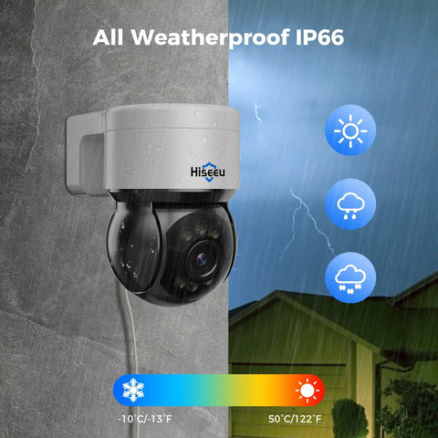 Auto Tracking 4K PoE PTZ Outdoor Security Cam With 330 Degree Pan And 90 Degree Tilt in rainy weather, IP66 rated.