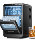 Countertop Crescent Ice Maker Slings Sixteen Chill Cubes In Twelve Minutes On Timer With Auto Flush Cycle And Adjustable Thickness, front view with ice.