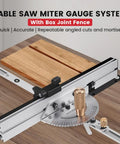 Slick Brass Handle Miter Gauge With Smooth Roll Track Stops And Solid Build Box Joint Jig for precise angled cuts on wood.