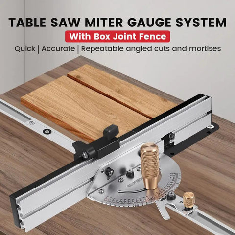 Slick Brass Handle Miter Gauge With Smooth Roll Track Stops And Solid Build Box Joint Jig for precise angled cuts on wood.
