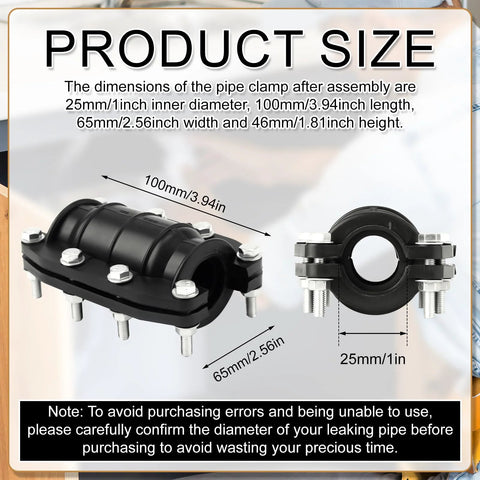 Front view of a 1-inch pipe repair clamp, black plastic body with metal bolts for 24–26 mm pipes.