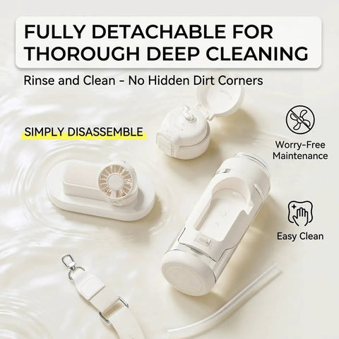 2-In-1 Hydration Bottle With Built-In Foldable Cooling Fan, 23 Oz, disassembled for cleaning, showing detachable parts