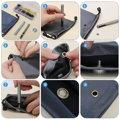 Step-by-step use of One Half Inch Grommet Kit 100 Sets Four Colors Gold Silver Black Bronze With Tools And Storage Box For DIY projects.