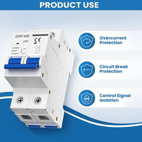 50A 2P Solar PV Breaker With Thermal Magnetic Trip, Miniature Disconnect Switch, shown with overcurrent protection.