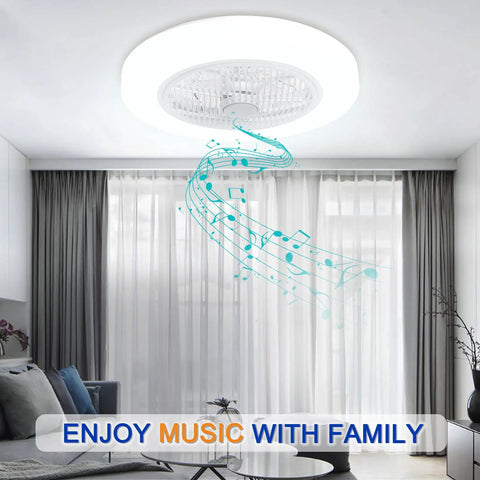 Enclosed Low Profile Ceiling Fan With Light And Bluetooth Speaker Dimmable LED Lighting in room setting, musical notes visible.