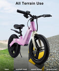 Electric Balance Bike For Kids With 14 Inch Tires Pink Ages 3 To 7 Kid Friendly Three Speed Modes Up To Nine MPH Lightweight 16.5 Lbs Frame Nine Mile Range Light Up Front Tire Adjustable Seat Safe Magnesium Alloy Build on lawn, asphalt, speed bump, gravel