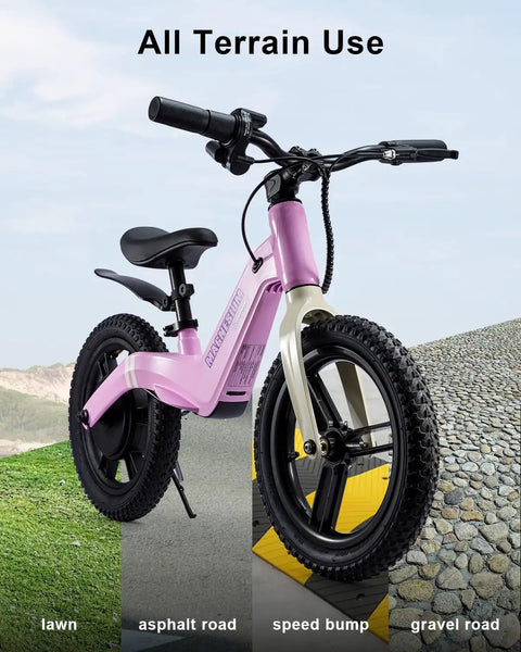 Electric Balance Bike For Kids With 14 Inch Tires Pink Ages 3 To 7 Kid Friendly Three Speed Modes Up To Nine MPH Lightweight 16.5 Lbs Frame Nine Mile Range Light Up Front Tire Adjustable Seat Safe Magnesium Alloy Build on lawn, asphalt, speed bump, gravel