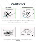 Image showing cautions for handling Top Shelf 20 Pack Lr44 Ag13 357 303 Sr44 1.5V Button Coin Cell Batteries including low power and short circuit warnings.