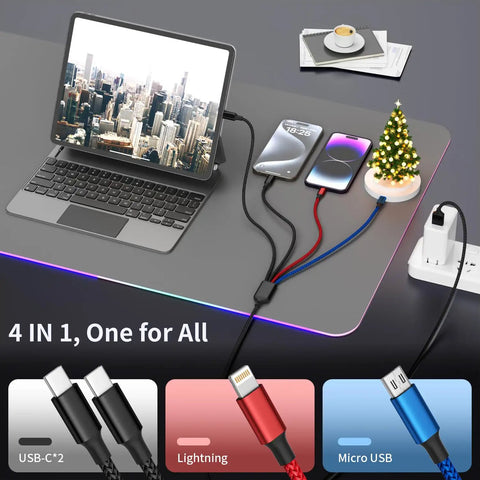 Go-To All In One Dual Type C Charging Cable 4 In 1 for iPhone 17 Galaxy S26 Android iPad and More in use with laptop, phones, tree
