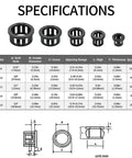 305 Piece Black Nylon Cable Snap Grommets Set Round Locking Bushing Protectors For Wires specification chart and images