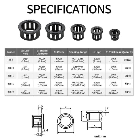 305 Piece Black Nylon Cable Snap Grommets Set Round Locking Bushing Protectors For Wires specification chart and images