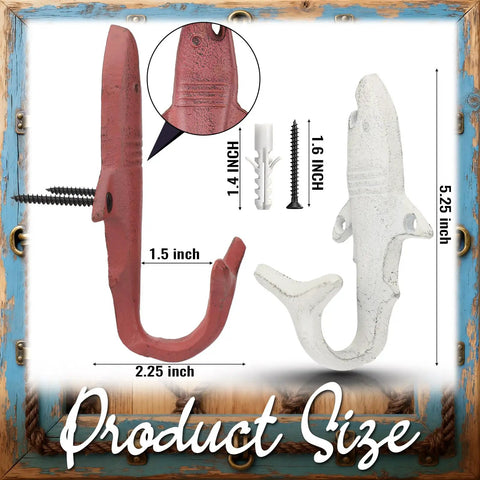 Product size details of Kick It Up A Notch With These Six Piece Cast Iron Shark Tail Wall Hooks For Hanging Hats Keys Bags And Jackets.