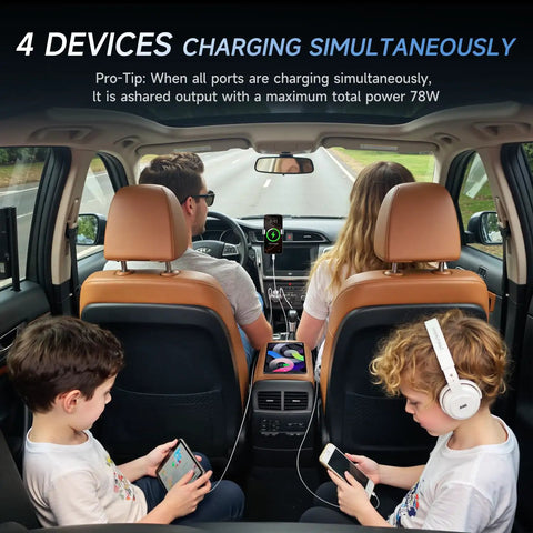 Upgrade Your Daily Whip With This Four Port 12V USB Car Charger Featuring Bright LED Voltmeter And Dual PD30W QC18W Fast Charging Ports Crafted From Rugged Aluminum Alloy For Every Cruiser Setup, showing 4 devices charging in a car.