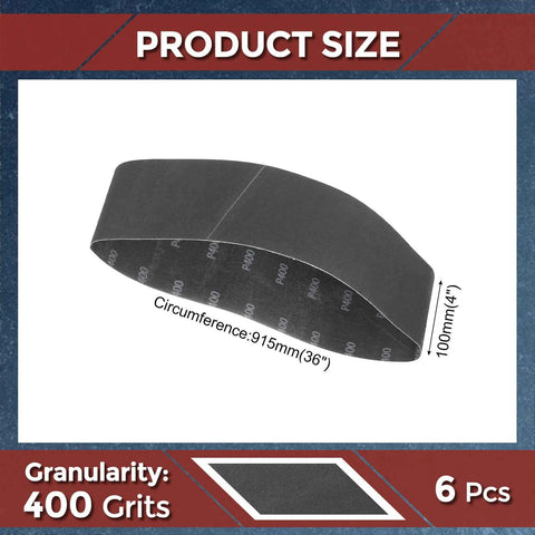 6 Pack Sanding Belts 4X36 Inch 400 Grit Silicon Carbide Abrasive Strips shown in profile with dimensions labeled, designed for wood and metal use.