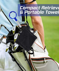 Golfer carrying bag with telescopic 9 foot golf ball retriever and towel
