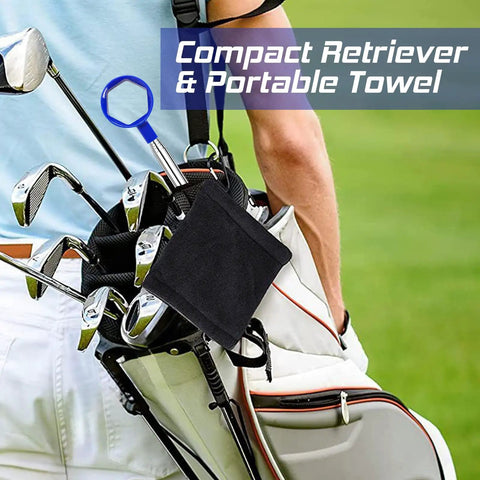 Golfer carrying bag with telescopic 9 foot golf ball retriever and towel