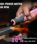 Pink 4V Cordless Rotary Tool Kit With Seventy Heavy Duty Bits And Slick Engraving Handle For Killer Diy Projects Wood Carving Cutting Sanding And Metal Polishing in use, high-power motor at 28K RPM cutting metal.